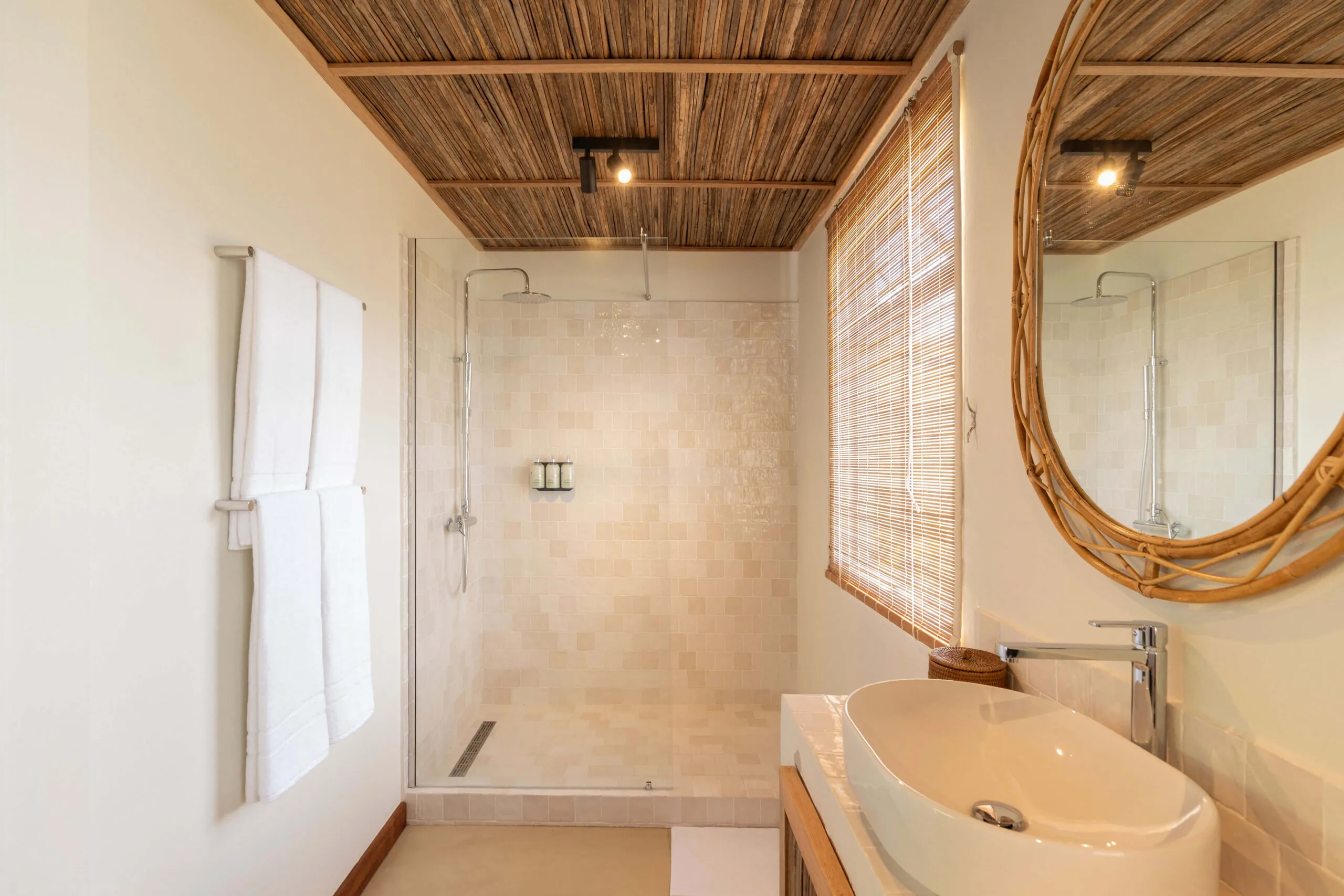 In the Deluxe Suite, a spacious bathroom with a walk-in shower.